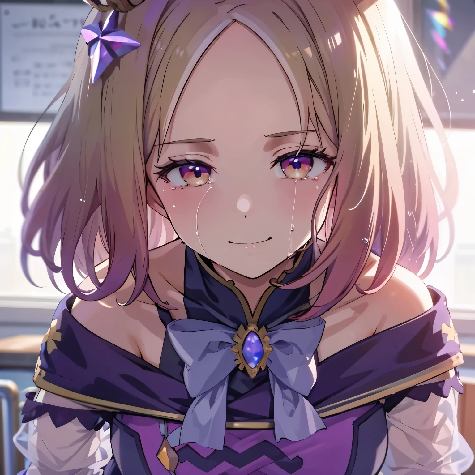 Narita Top Road \( Uma Musume\), 1 girl, alone, anime style,cute girls,Best Quality, super detailed, ,8k, high resolution, detailed face, smile, ((Competition clothes)),((purple shorts)),((is crying)),((laughing and crying in a daytime classroom)),close-up, glitter effect, ((An uploaded image that makes you look up)),An uploaded image that makes you look up