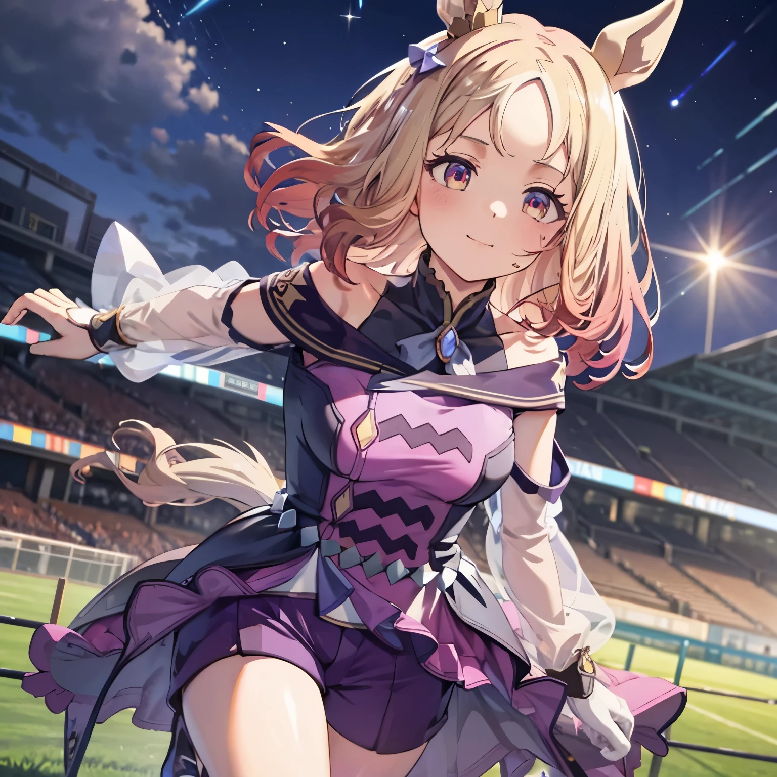Narita Top Road \(Uma Musume\), 1 girl, Alone, anime style,cute girls,Best Quality, super detailed, ,8k, high resolution, detailed face, smile, ((Competition clothes)),((purple shorts)),((puffy face),( orbital space),((On the racecourse lawn)),I'm dyeing my cheeks a little red,((Image above thigh)),((Picture looking up from under your feet)),image viewed from the front