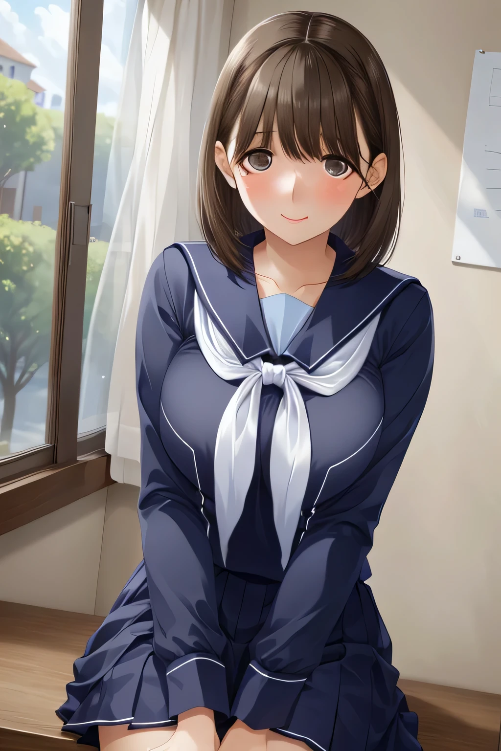 from below, close up face:1.2, dynamic range:1.8, 1girl, Light brown hair, short hair, brown eyes, long sleeve navy sailor suit, navy blue pleated skirt, Sensuous thigh, Alluring face, Seductive hands, Large Breasts, Gentle sunlight pours down on her face, classroom, Peering into viewer's face affectionately, Her eyes gaze down warmly, and her slightly shy smile adds fake pout her lips, love struck, skirt softly flutters (extremely detailed , masterpiece , high resolution , absurdres , 4K)
