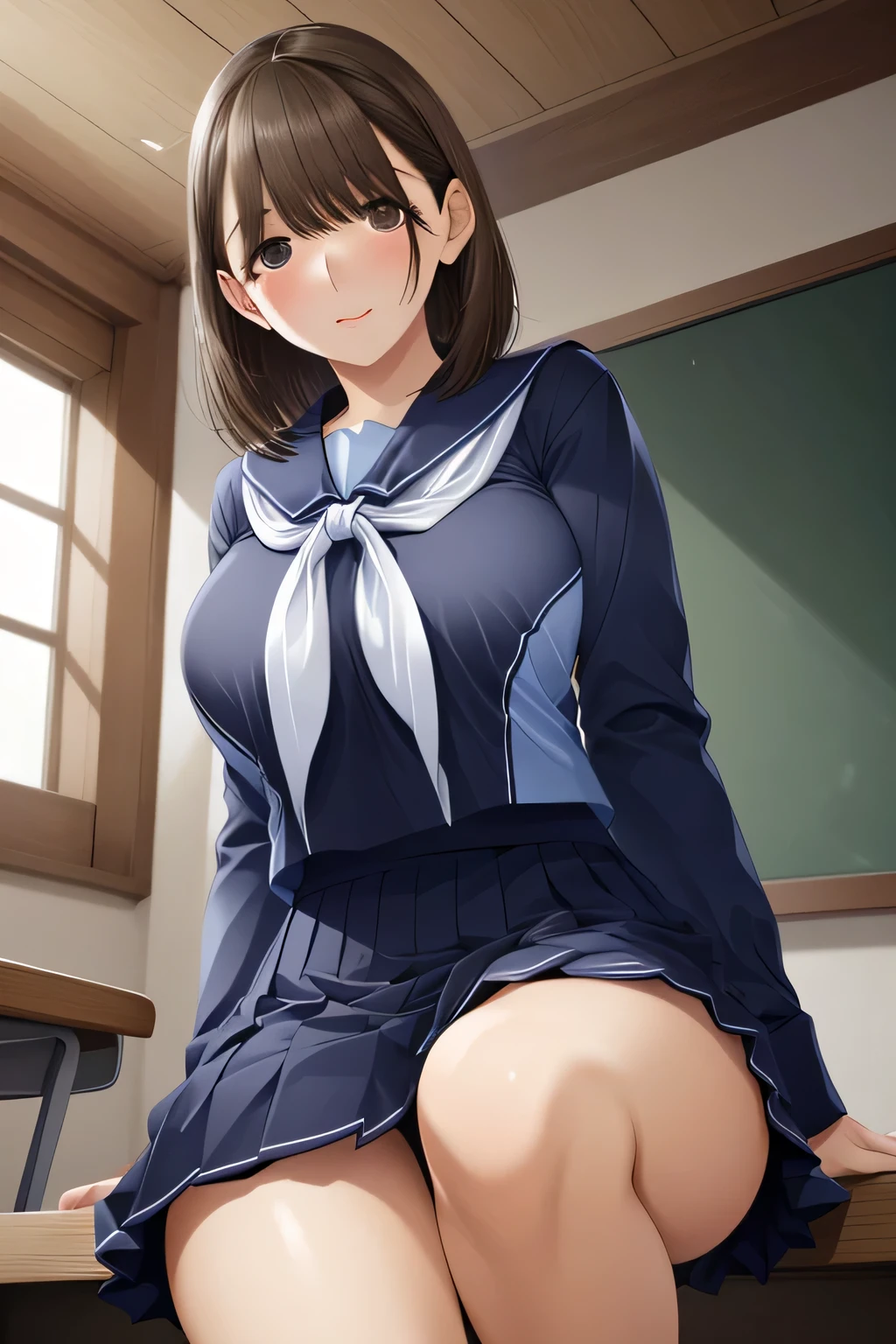 from below, close up face:1.2, dynamic range:1.2, 1girl, Light brown hair, short hair, brown eyes, long sleeve navy sailor suit, navy blue pleated skirt, Sensuous thigh, Alluring face, Seductive hands, Large Breasts, Gentle sunlight pours down on her face, classroom, Peering into viewer's face affectionately, Her eyes gaze down warmly, and her slightly shy smile adds fake pout her lips, love struck, skirt softly flutters (extremely detailed , masterpiece , high resolution , absurdres , 4K)