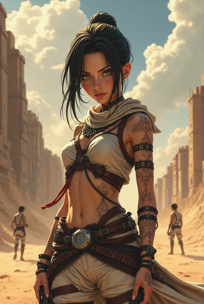 masterpiece, 4k, intricate details, 1girl, beautiful girl, <lora:pharahOverwatchLORA_v1:0.67>,egyptian, short hair, tatoo, desert jacket