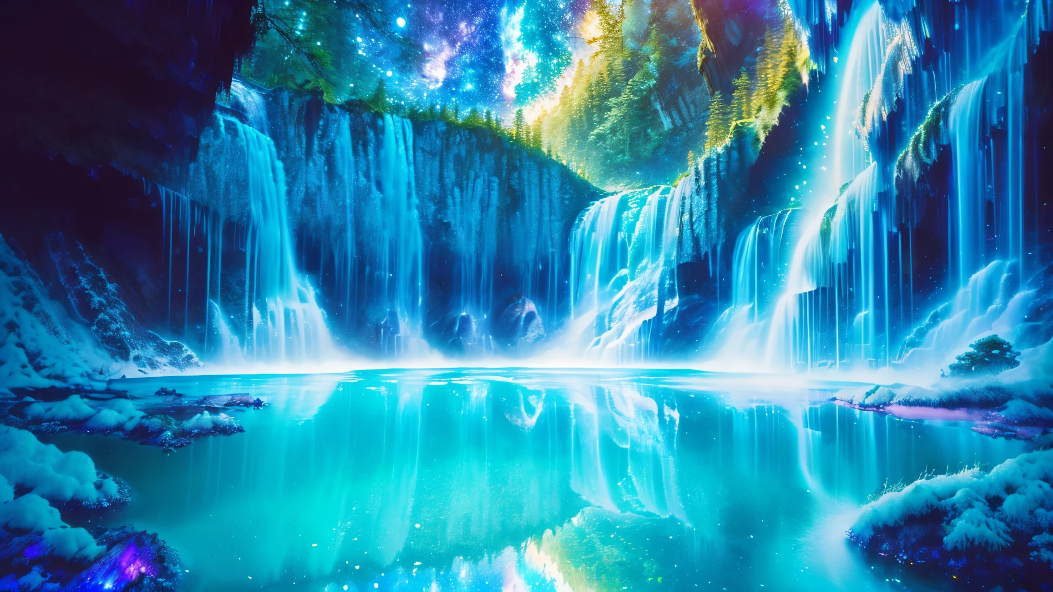 Majestic Atmosphere,Vast Sky,( very beautiful artistic watercolor painting ), beautiful nature ,A very large and beautiful sky,\(( very elaborate and beautiful galaxy reflection:1.4)\),(Many waterfalls are lined up),Lots of Flow,Glowing Moss,Shining Rock Face,fantasy,twinkling mystical light ,reflection, quality\(8k, very detailed傑作, high resolution,top- quality,Super Realistic, increase resolution , RAW photo ,beste quality, very detailed \)