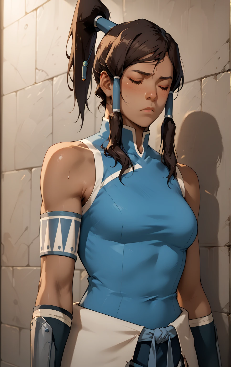 score_9, score_8_up, score_7_up, score_9, BREAK korraSDXL, 1girl, solo, long hair, closed eyes, brown hair, bare shoulders, medium breasts, standing, ponytail, sleeveless, dark skin, dark-skinned female, hair tubes, vambraces, topknot, slumped on the ground, leaning to the side on a wall, leaning on a wall, eyes closed, tired paind face, very tired, unconscious, drugged and dead