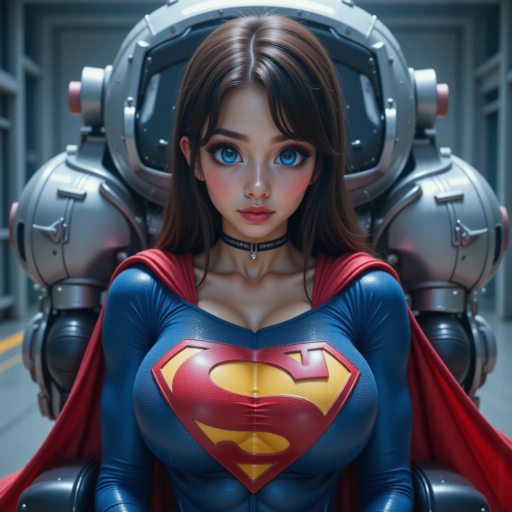 A hybrid mother with her blonde-haired human daughter in her arms and some evil robots in the background.