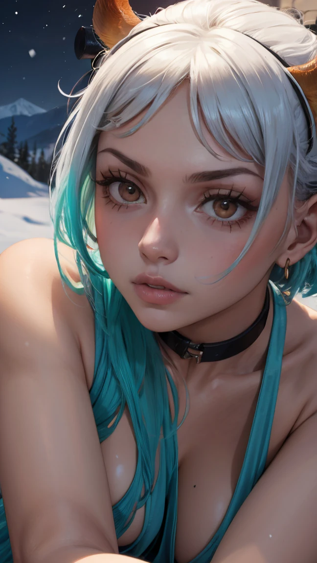 ,blue eyes, wolf ears, wolf tail, very long light blue hair, facial mark on left cheek,twin braids, fang, moonlight, grass, lake, nude big breats bust perfil (insanely detailed, beautiful detailed face, masterpiece, best quality) nude huge tits