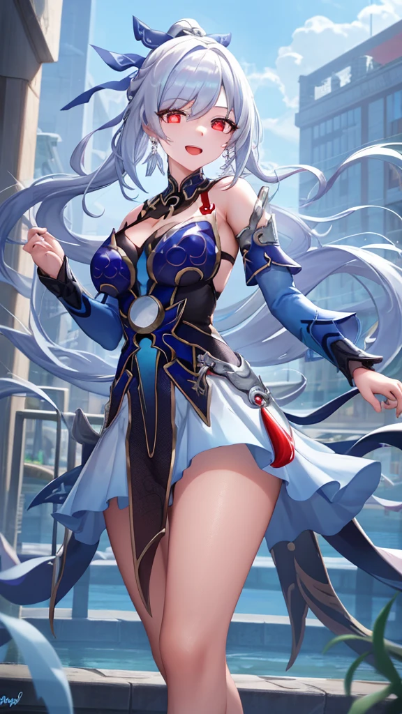 Create a 3D image in anime cartoon style of a beautiful geigha with blue-violet eyes with all her equipment surrounding the imperial palace in a fighting attitude. She carries a beautiful, perfectly detailed silver sword. Her dress is spectacular. She applies intense silver and violet microparticles in the most relevant details of the scene applies 300 dpi , HDMI and full definition