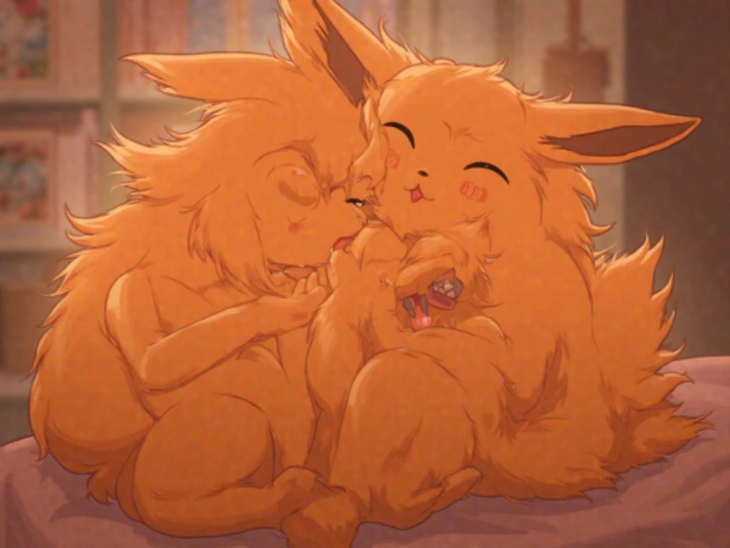 Two Eevee's laying on a bed together and licking each others paws, (foot worship:1.2), 2 characters, two eevees, (duo:1.2), anthros, pawpads, anthro paws, 4 toes