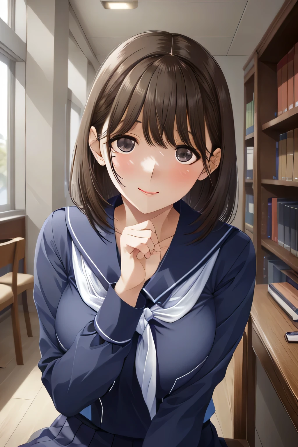from below, close up face:1.2, dynamic range:1.2, cowboy shot, 1girl, sitting chair at library, Light brown hair, short hair, brown eyes, long sleeve navy sailor suit, navy blue pleated skirt, sensuous thigh, Alluring face, Seductive hands, Large Breasts, Her cheeks flushed a soft pink, her eyes darting nervously yet lingering on his face, as a shy smile tugged at the corners of her lips, Peering into viewer's face affectionately (extremely detailed , masterpiece , high resolution , absurdres , 4K)