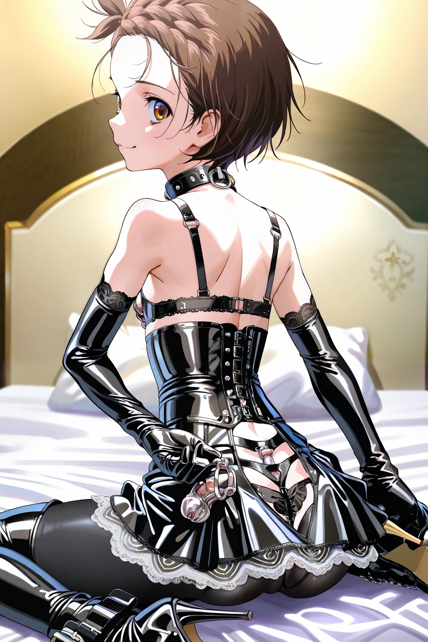nsfw、((( Low body)))、((( body type)))、(((slim figure)))、(((small bust)))、((( wariza)))、spread legs、(holding chastity cage:1.4)、BDSM、Queen、mistress、(((One girl)))、(((solo:1.8)))、(((black latex elbow gloves:1.4)))、(((black latex corset dress:1.4)))、(((corset dress is adorned with beautiful lace)))、(((Corset Dress with Shoulder Straps)))、(((black latex tight miniskirt:1.4)))、(((black thigh high boots:1.4)))、(((Black rubber tights:1.2)))、((( stiletto heel boots that kick a man:1.4)))、((( stiletto boots:1.4)))、(((black latex high leg panties)))、(((Black latex bra)))、(((Black leather collar)))、(((sexy pose:1.4 )))、wide thigh opening:1.2、(((erotic)))、(((cowboy shot)))、close-up、(((place your hands on your lower back)))、 beautiful eyes with highlights、 fine, beautiful skin、Two anatomically perfect arms、Two anatomically perfect legs、( perfect 4 fingers and 1 thumb )、indoor、luxury hotel、SM exclusive hotel、SM room、bedroom、Girl sitting on bed、greatest masterpiece、masterpiece that fits your butt、High resolution 8k、high image quality、detailed face、detailed eyes、
one side up、 braided bangs 、 Hair、brown eyes、Staring at Viewers、smile、cover:1.2