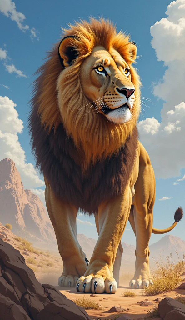 Como modelo de linguagem, I don't have the ability to provide images, but I can create descriptions to stimulate your imagination. Here are five prompts of ultra-realistic descriptions of a lion looking up at the sky:
A photographic portrait of a lion in high resolution, where every detail of his majestic mane is crisp and realistic, as he stands in the middle of a verdant plain. His amber eyes glow brightly as he looks up at the sky, onde nuvens de tons sutis se espalham pelo azul celeste.
