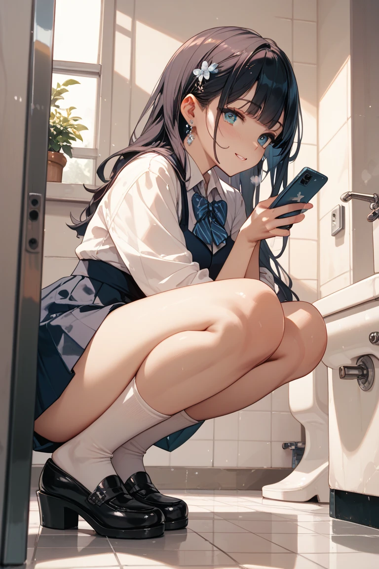 1girl, caughtpeeing candid , bathroom, on a toilet, kumashiro maya, white headband, black hair, blue eyes, pee
