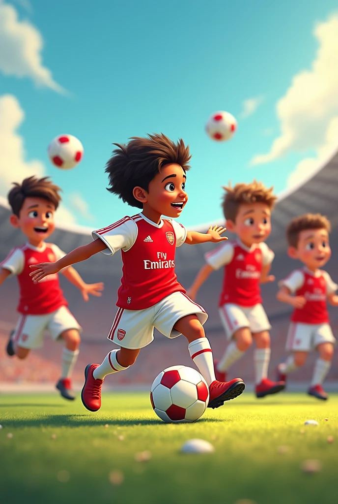 A thin boy is a footballer player. He plays football on the field with smily face. He wears a shirt with Manchester United logo and his name print on the shirt: Yi Xian. Cartoon