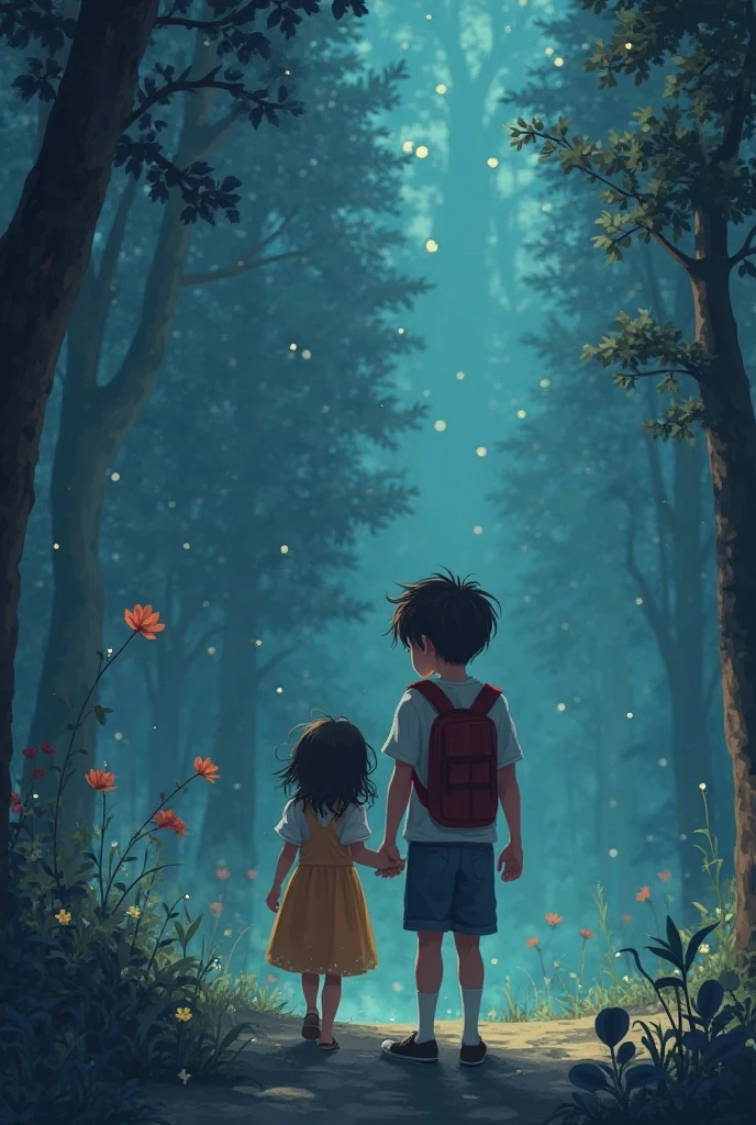 Boy and girl watching fire flies at night in a dark forest boy is wearing blue T shirt black full pants and the girl is wearing short white sleeveless jumpsuit 