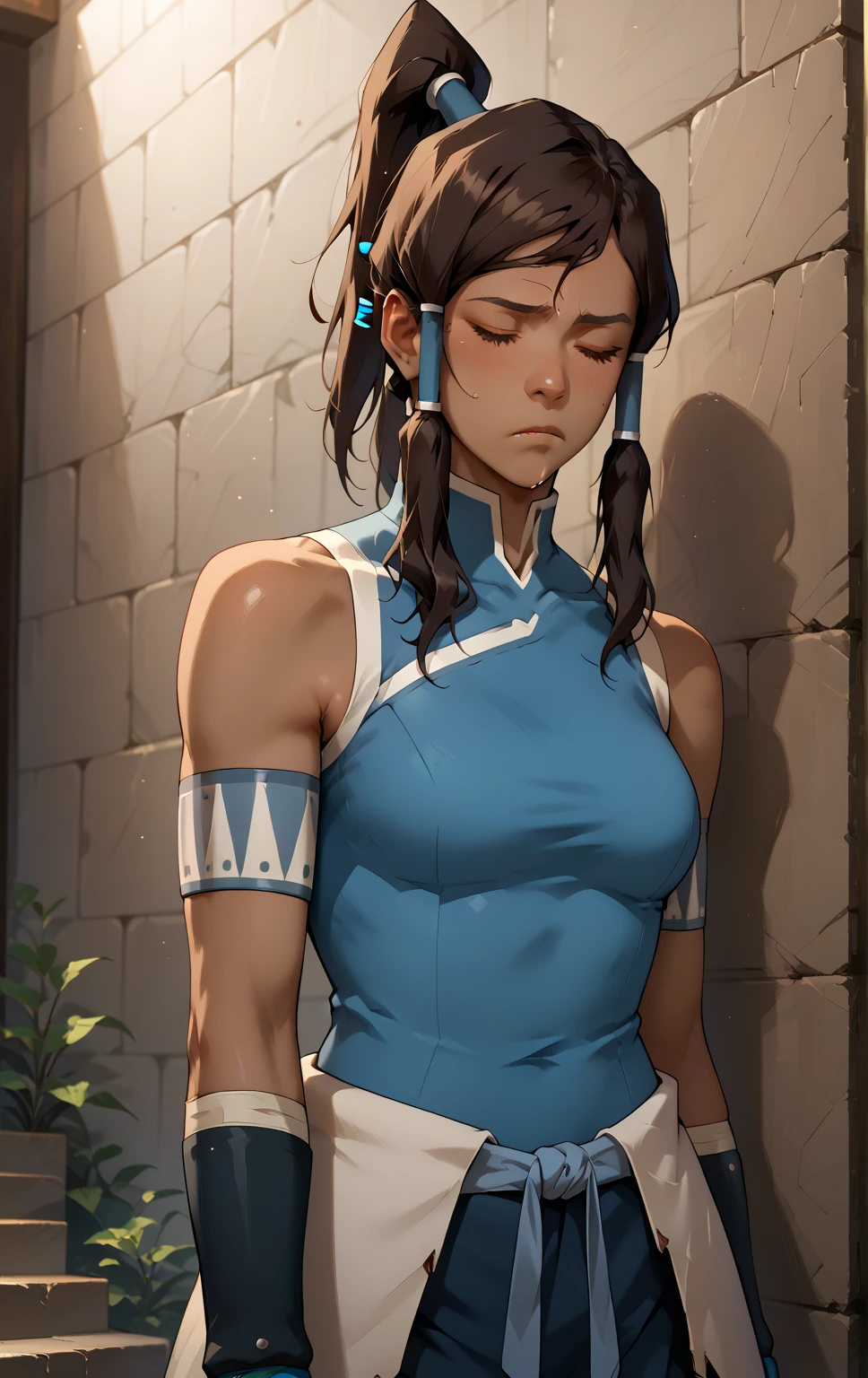 score_9, score_8_up, score_7_up, score_9, BREAK korraSDXL, 1girl, solo, long hair, closed eyes, brown hair, bare shoulders, medium breasts, standing, ponytail, sleeveless, dark skin, dark-skinned female, hair tubes, vambraces, topknot, slumped on the ground, leaning to the side on a wall, leaning on a wall, eyes closed, tired paind face, very tired, unconscious, drugged and dead. Sitting on the ground. Frail body, dead unmoving body, leaning to the side, drooling