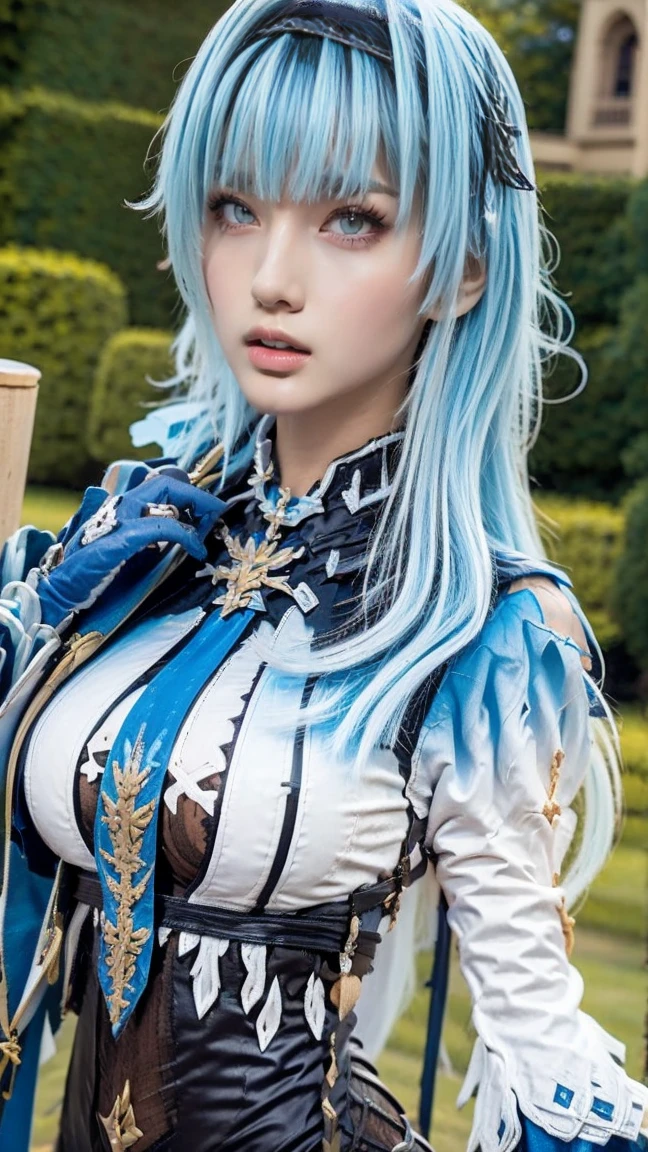 Anime Style、White skin、Gray Hair、Blue bristles、look up、maximum、stand out、Colorful gas expression、Captivating big boobs、woman、High-frequency detail (((Sharpness)))、((Sharp Focus : 1.2)) 、Pueros Face_V1: 0.7)、(8K、highest quality)、Very large breasts lighting)))、Beautiful lighting、Highly detailed face、Well drawn hands、Well drawn feet、Well drawn feet、Her breasts were exposed.、(masterpiece: 1,2)、highest quality、masterpiece、High resolution、Original and highly detailed wallpaper、information: Dressed as a pirate、black pirate costume、Pirate hat、Holding a sword、I use an eye patch。Pirate hat with feather、Bright Eyes、Light blue eyes、Cyan eyes、Dominant、Dominantwoman、Positive、front、frontのポーズ、Bright Eyes、blue eyes、Threatening