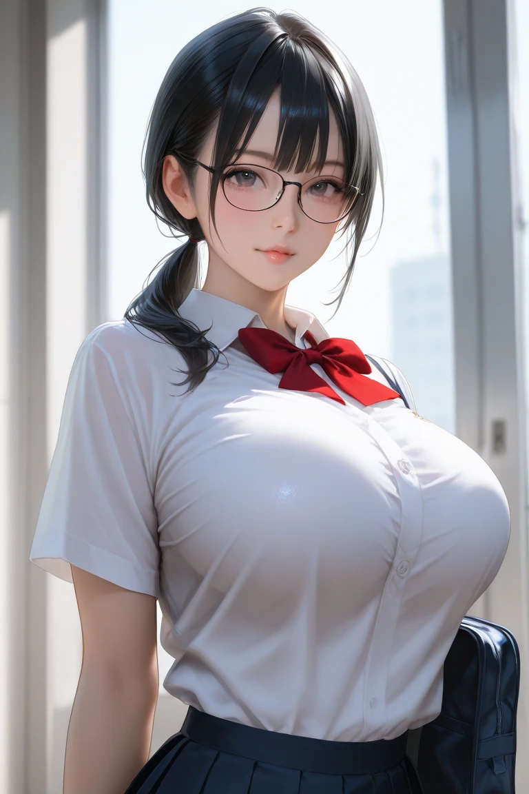 young girl perspiration, sitting on a muscular, manthin waist, round breasts, very large buttocks, very short mini skirt, school dress, wearing black garters, tight short shirt (very wet), crouched showing her tail, sexy, hot, black hair with two long pigtails, perfect face with glasses (smile, blush), mouth painted red (very full lips), unbuttoned shirt, breasts splashed with a lot of milk, torn clothes, full HD (4k), red sweet bedroom, tits splashed with milk (a lot of milk)
