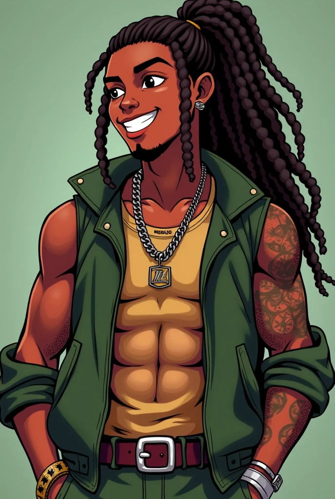 Black cartoon with dreadlocks and jewelry and cargo pants with tattoos