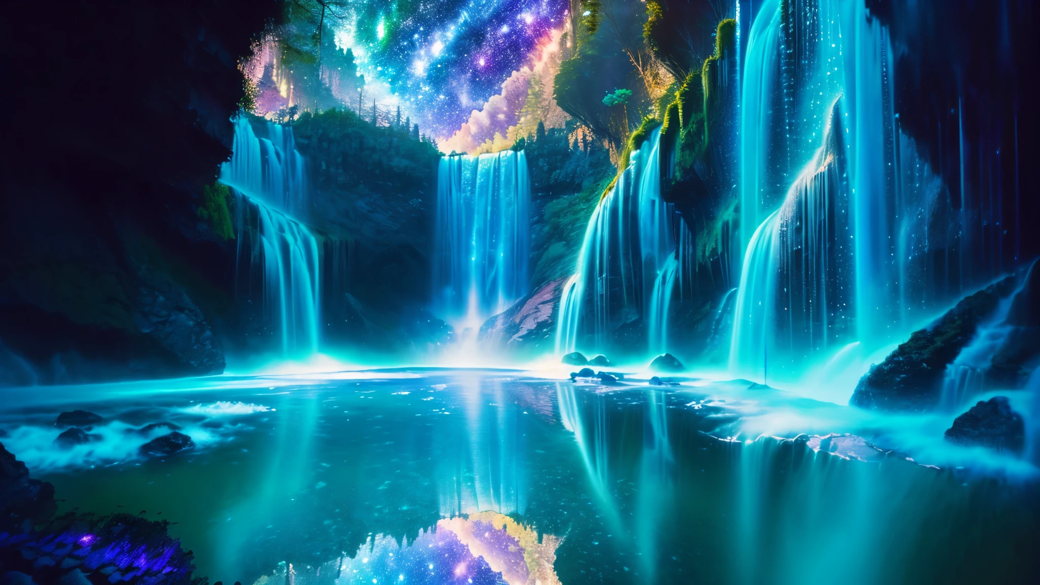 Majestic Atmosphere,Vast Sky,(  very beautiful artistic watercolor painting  ), beautiful nature  ,A very large and beautiful sky,\(( very elaborate and beautiful galaxy reflection:1.4)\),(Many waterfalls are lined up),Lots of Flow,Glowing Moss,Shining Rock Face,fantasy,twinkling mystical light  ,reflection, quality\(8k, very detailed傑作, high resolution,top- quality,Super realistic, increase resolution , RAW photo ,beste quality, very detailed \)
