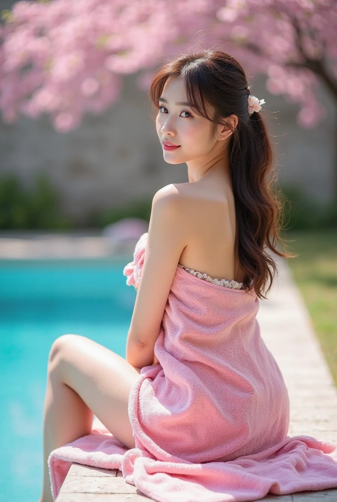 An innocently enjoying face。Laugh with your mouth wide open。Close your eyes completely。Droopy eyes。Deep pink blush。She has shoulder-length, wavy brown hair pulled back in a loose ponytail.