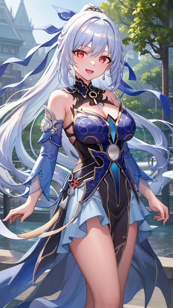 (photorealistic:1.8, highest quality:1.8,8K masterpiece:1.8,High resolution,muste piece:1.8,RAW Photos,cinematic lighting,red and purple dream colors),one goddess、(colorful armor leotard、choker、knee high stockings、loafer shoes、Cleavage cut,attractive nipples),(detailed blue eyes:1.7,double eyelid:1.6,Shining beautiful skin), (looking at the camera:1.5),(whole body,Photo seen from below:1.5),( midium Hair:1.2,Beautiful shining blue and white hair:1.5), expression(Impish Smile:1.3,face turns red:1.3),(Moderate chest:1.3), Pause(stand with legs apart,Seductive pose:1.5), background(Bright forest with blooming flowers),Nipples are visible through the costume、(detailed perfect face),anatomically correct,correct move:1.5,correct foot:1.5,4 fingers and 1 thumb in correct proportions,(cameltoe),No split screen,slender abs:1.2,highly detailed skin:1.2,(Young sensual gravure idol)