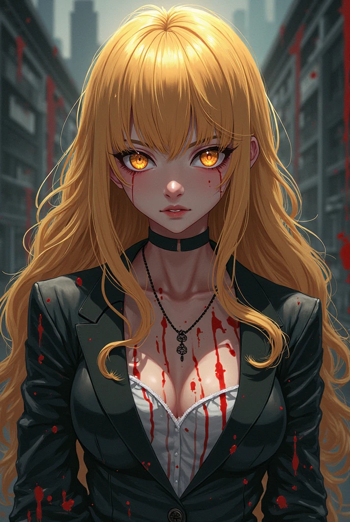 best quality, super_delicate, beautiful, 8k,red jacket, earrings, choker, concept, night, blood on face1:3, red eyes, harness, red lips white shirt, yellow eyes, cleavage, split-color hair
