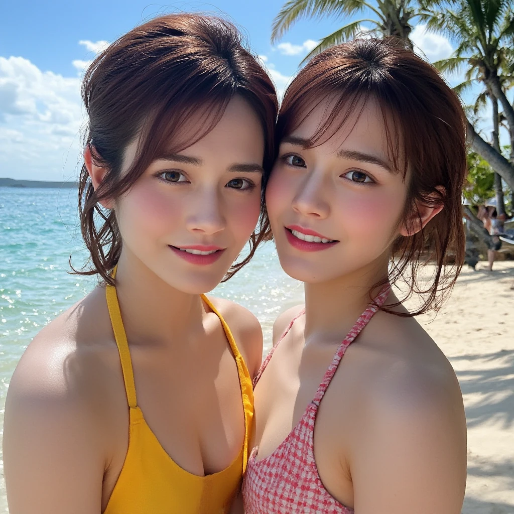 (from below:1),((2 girls)),(Two people facing each other in one image:1.3),light brown fringe long hair、braided hair、messy hair、light brown eyes、(dignified expression)、(colorful micro bikini),(big breasts)、Highlight the valley、beach、Palm tree、blue sky、(Photoreal)、(intricate details:1.2)、(masterpiece、:1.3)、(highest quality:1.4)、(超A high resolution:1.2)、超A high resolution、(detailed eye)、(detailed facial features)、(Self snap:1.2)