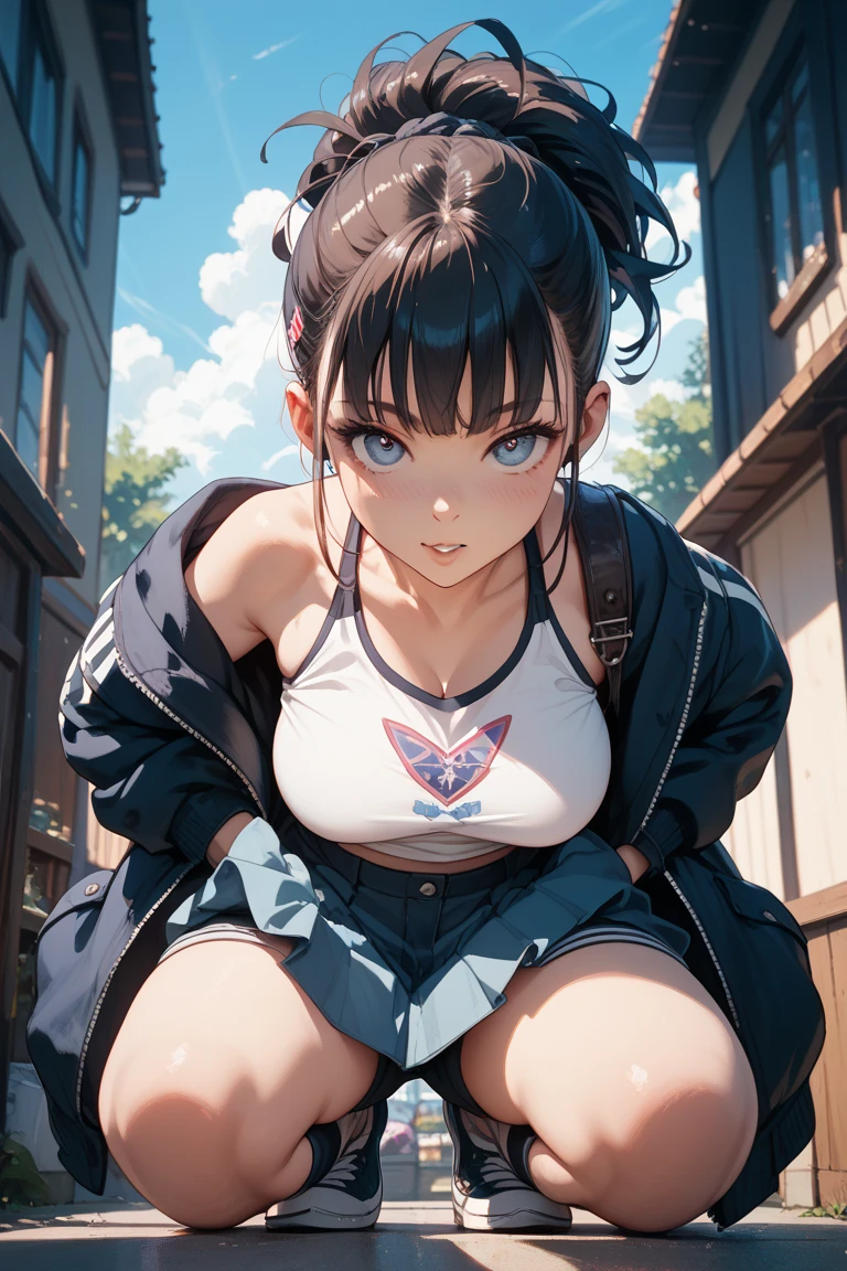 Browsing Caution,'(masterpiece, Highest quality, Very detailed, 8k wallpaper, Realistic), 1 girl, Curvaceous yet slender body,Realistic eyes、Anime Face、((Too embarrassed to blush ecstasy:1.5))、Lower boobs, Shiny, semi-transparent, see-through, ultra-micro bikini top that shows off your nipples, Fleece jacket, Ultra-small low-leg shorts, Knee socks, Bangles, choker, Twin tails, Backpack, street, Street lamp, Late Night、(cum in Pussy:1.2)