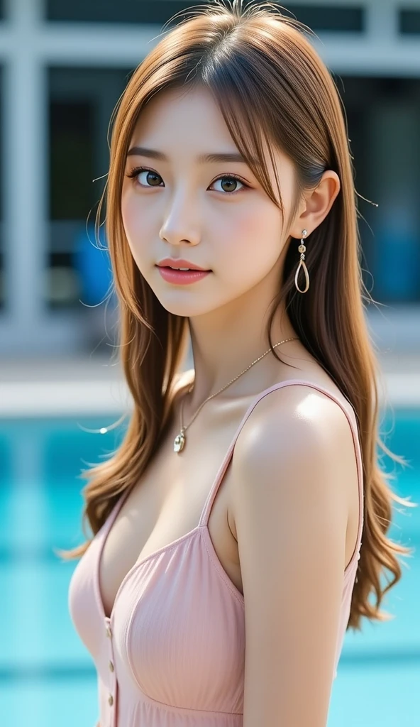 best quality, photorealistic, 8k, high res, ultra-detailed eyes, 1girl, full body shot, slim slender body, small breasts, at the beach, cinematic lighting, fully naked, eyes looking at the viewer, long black hair, photorealistic, Tzuyu, pussy