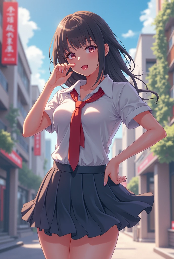 (A Girl standing with her hands behind her back looking happily at the viewer: 1.6), innocent reddened face, cute smile, giant tits, long straight black hair, green eyes, white blouse, red ribbon, blue pleated skirt, black high knee sock, in front of a school, beautifl sunset, Mountain landscape in backgroud