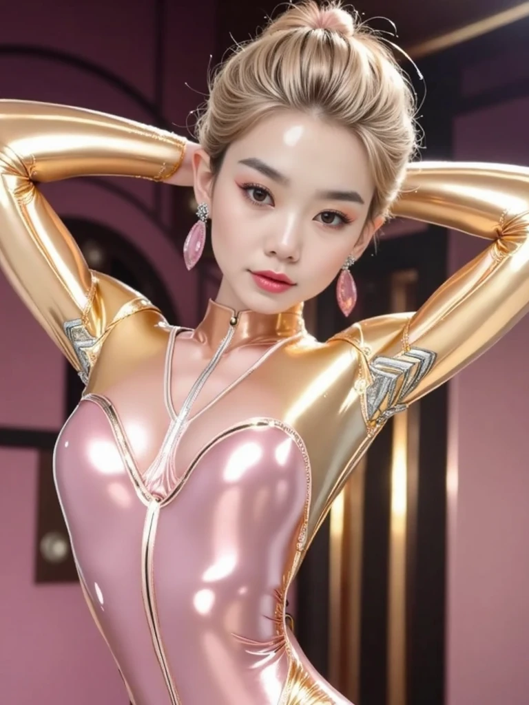 ((of the highest quality, 8K, masutepiece: 1.3)), Solo, 1 girl, Sexy, Beautiful girl with accentuated slender abs: 1.4, (Random hairstyle, Flat breasts: 1.2), hyperdetailed face, Detailed eyes, Double eyelids,(body builder:1.9),(beautiful small hard nipple:1.4),(Spread legs:1.2),(Shiny skin:1.2),(muscle arm:1.3),(muscle leg:1.3),(Blonde hair:1.2),Necklace,(earrings:1.3),(Curly bun:1.3),(Sexual pose with her girlfriend:1.8), (in the amazon jungle: 1.3),(Nude Models:1.3),(sun burn:1.2),(muscular chest:1.5),(Super Shiny Metallic Rose Gold:1.8),(high-leg swimsuit:1.5)