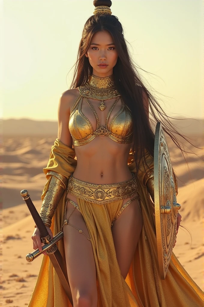 Berber Beauty, desert background, Wearing bikini style armor, Carrying a spear and shield