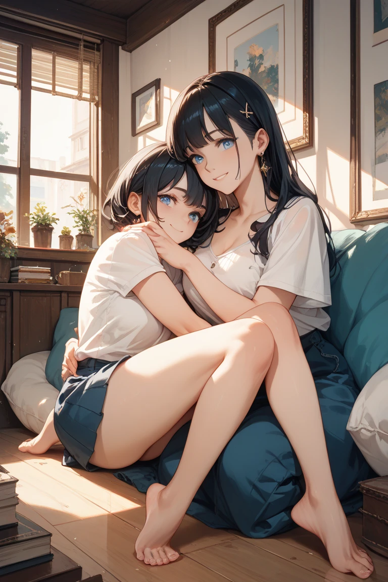 (masterpiece、top-quality、hight resolution、Unity 8k Wallpaper、extremely details CG:1), A tender scene of a mother carrying her tired in her arms. The mother, dressed in comfortable clothing, gently cradles the who is resting their head on her shoulder, eyes half-closed from exhaustion. The mother's expression is one of gentle concern and love as she supports the with both arms. The background is a softly lit home interior, with warm colors and cozy furniture, enhancing the sense of comfort and care in the moment. The overall atmosphere is peaceful and nurturing, capturing a moment of maternal love. Hishi Amazon (umamusume)
