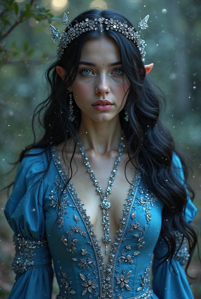 ARWEN (( THE LORD OF THE RINGS)), BEAUTIFUL BLACK HAIR WOMAN, HUGE LONG BLACK HAIR, VOLUMOUS HAIR, BRAIDED HAIR, EXPOSED TIP EARS, VERY PALE SKIN, TURCOISE BLUE EYES, EXPRESSIVE TURCOISE EYES, LOVELY FACE EXPRESSION, GORGEOUS LIPIS, SOFT LIPSTICK, ROSY CHEEKS, HIGH CHEEKBONES, MENTAL FORAMEN, STRAPLESS CLEAVAGE, FRONTAL ANGLE SHOT, LONG VICTORIAN DRESS, SILVER BRACELETS, SILVER CHOKE COLAR, FULL BODY PERSPECTIVE, DEEP FORREST BACKGROUND, DAYLIGHTS, STRONG BACKLIGHTS, SUN, MASTERPIECE