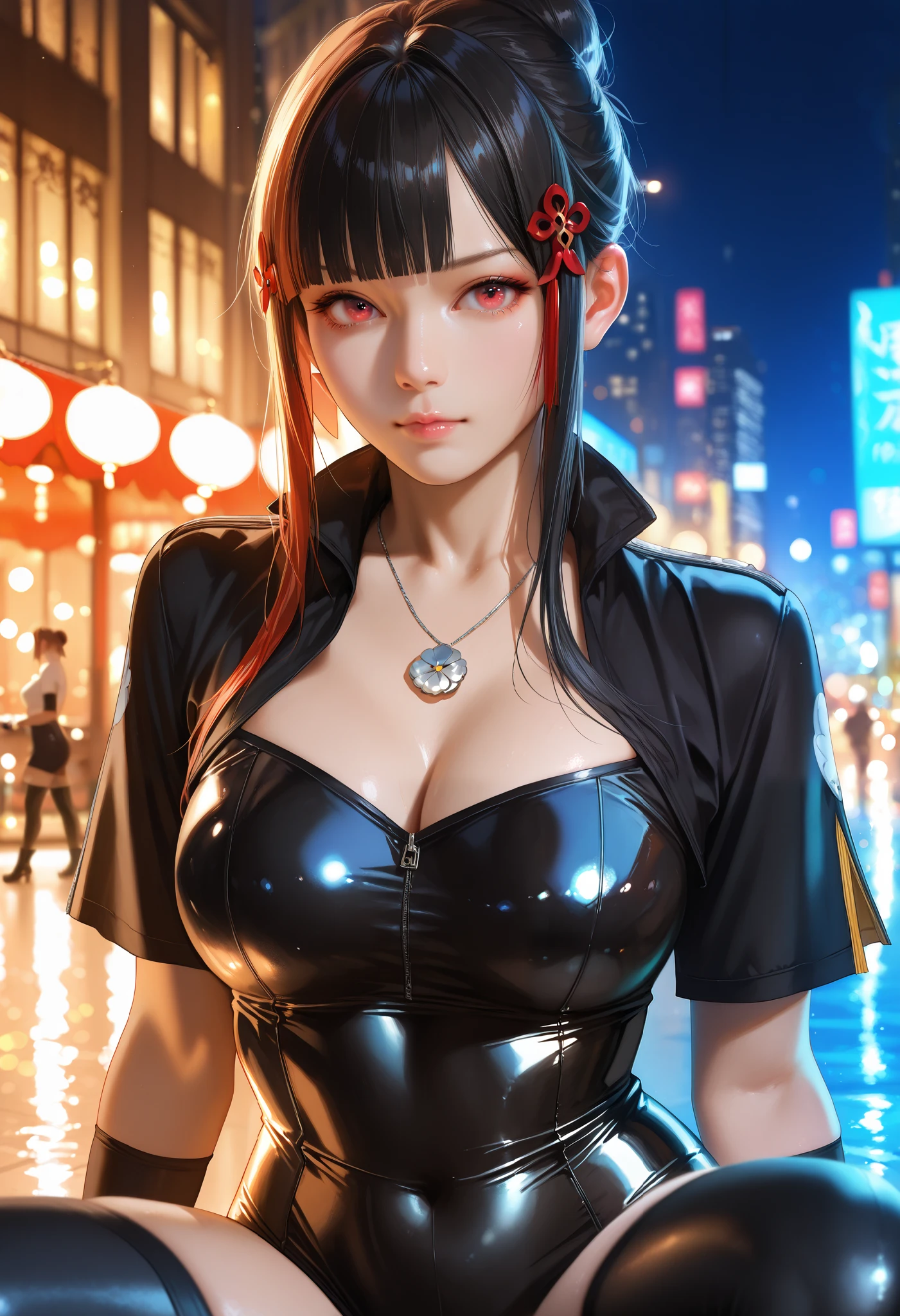 bright look、photorealism、highest quality、Super high resolution、picture extraordinary beautiful girl cute and beautiful face details、、beautiful bangs shining white skin
TKNKZMI, (best quality,highres:1.2), (realistic:1.37), HDR,UHD,studio lighting,extremely detailed,professional,vivid colors,bokeh, portraits,warm toned lighting beautiful woman face, beautiful light red eyes, black hair, blunt bangs, eye shadow, sidelocks, hair ornament, hair bun, c-le, black unitard, black thighhighs, silver necklace, elbow gloves, fingerless gloves, skin tight, short sleeves,
Model shoot, City at night,