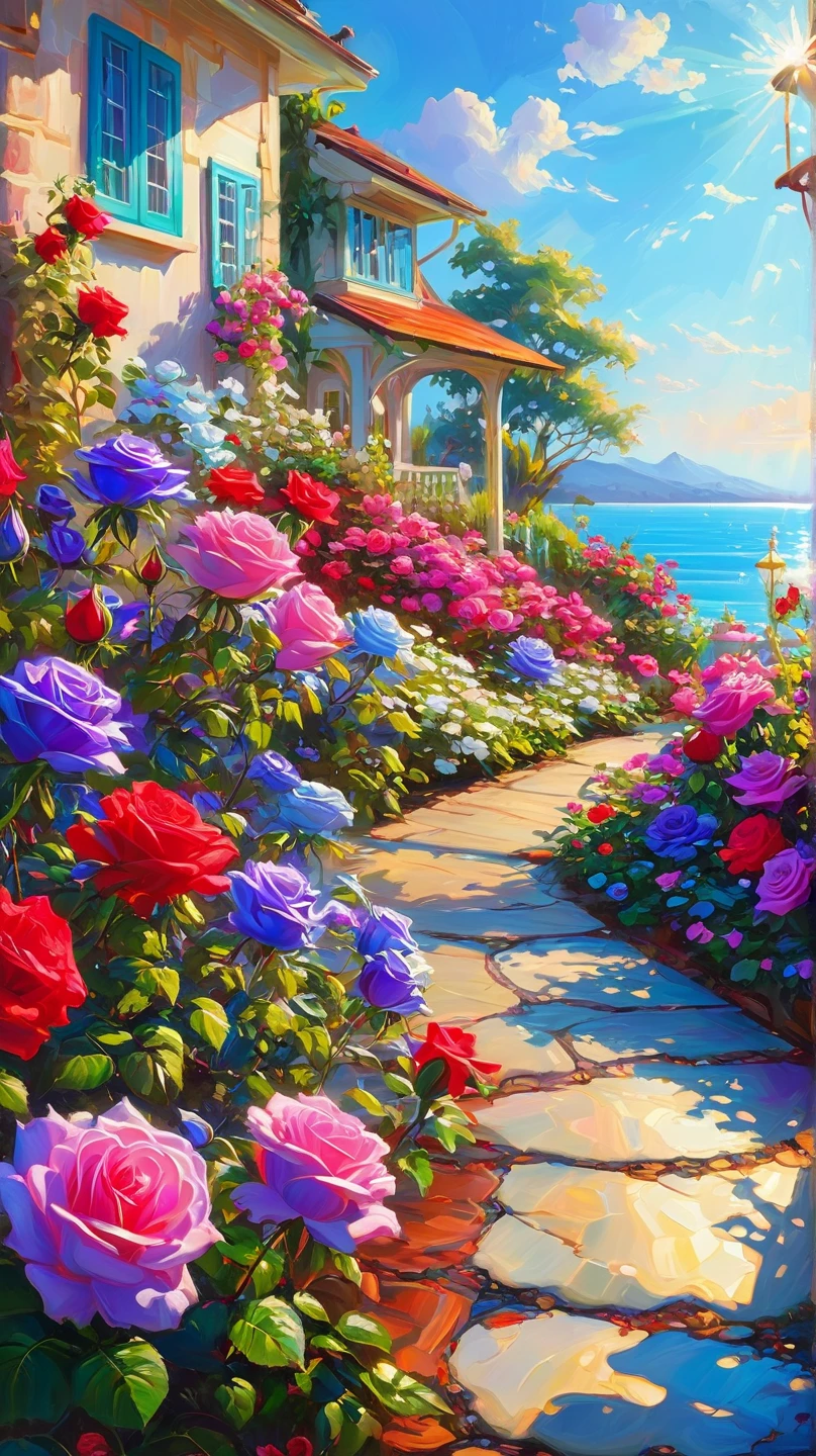 Villa by the sea, Paths between flowers, spray, Blue sky, Far Mountain. and the sun was shining brightly, the detail， 4K， k hd， high high quality.