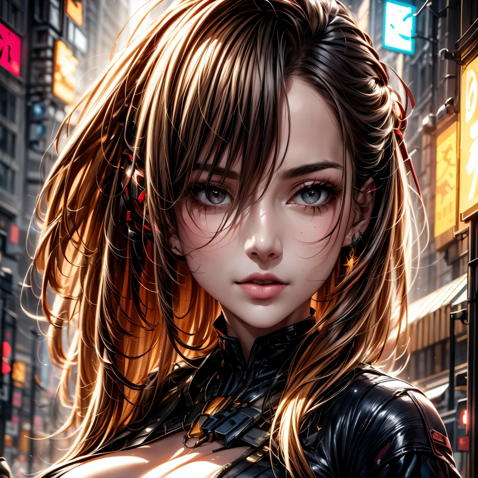 ((best quality)), ((Masterpiece)), ((Enrich the picture，Masterpiece level quality)), golden hair, long hair, very big breasts, golden eyes, fierce woman, ultra eyes details, cowboy shot, Image of a beautiful cyberpunk woman, FBI Cyberpunk, best quality, RAW 4K, Realistically, ( cinematic lighting, moody, textile shading), perfect proportions, ultra detailed, volumetric lighting, soft lighting, glossy skin, beautiful face, Special face details, strong emotions, elegant gesture, Detailed facial features, Long eyelashes, contrast, Incredible atmosphere, Fascinating setting, Haunting beauty , street cyperpunk, street fashion,