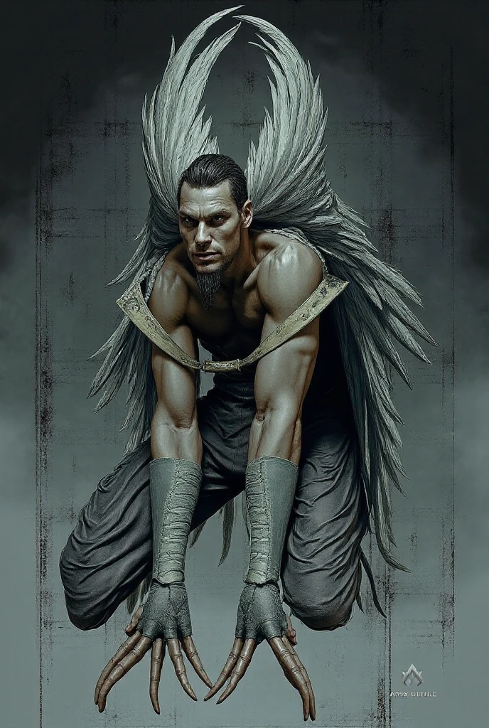 "A tall, imposing man, with a bald head, well-trimmed black mustache and goatee, and piercing golden eyes, is shirtless in a dark chamber. He has a robust physique, with broad shoulders and a 'dad belly'. A golden snake tattoo starts at the pelvis, rising through the abdomen and curling up to the arm. Black Ebony Wings, with glass tips, emerge from their backs, reinforcing its dominant presence.
drawning