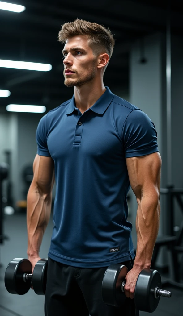 Natural light, realistic, Thai man, ทรงผมสั้น buzz cut, Handsome, muscular, big muscles, Broad shoulders, model,  Wear a tight polo shirt. dark blue jeans standing smiling , outdoor outside