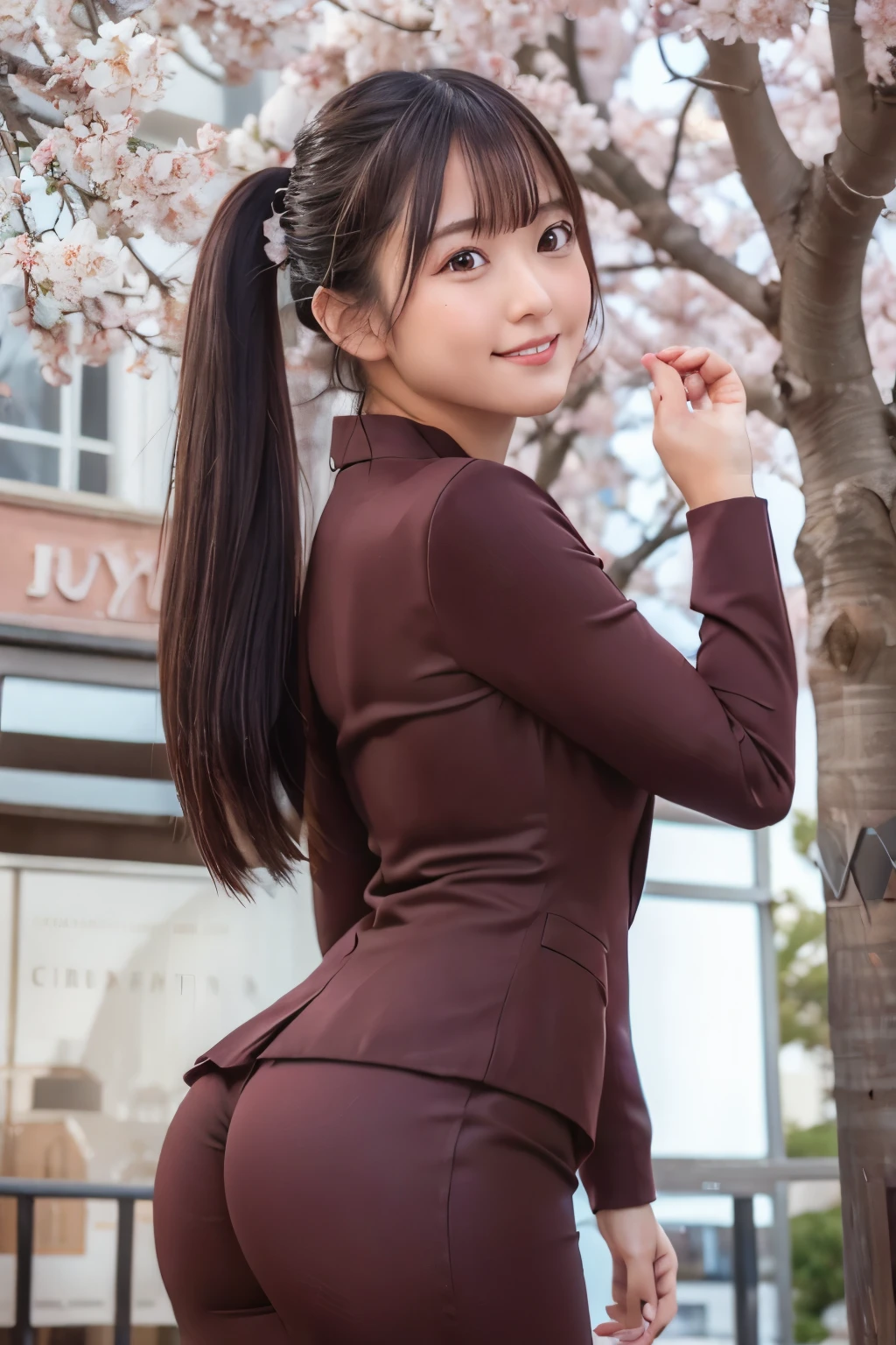 8k, raw photo, best quality, high resolution, realistic, photorealistic, extremely detailed 8k wallpaper, beautifully detailed eyes, finely detailed exquisite face,
 break 
rim lighting to buttocks, 
 break 
(a lot of sakura bloomimg trees, spring sakura season city), 
japanese street cityscape, tower building, 
 break 
perfectly anatomically correct:1.1, 
 break 
1 female is smiling cheerfully, 
high tensioned creases form in clothing due to lifted beautiful ideal ellipse protruding shape medium soft buttocks upturned, 
very short ponytail, kawaii like an idol:1.1, 
symmetrical clear eyes, chocolate color eyes with captivating reflections, 
wide-set eyes, droopy eyes, small eyes, round face, rounded jaw, [chiseled face], [embarrassed, blush], 
symmetrical face line, stereoscopic projection, 
wearing formal dark-colored pantsuit, 
 break 
underbuttocks POV shot from below, dynamic angle, bokeh