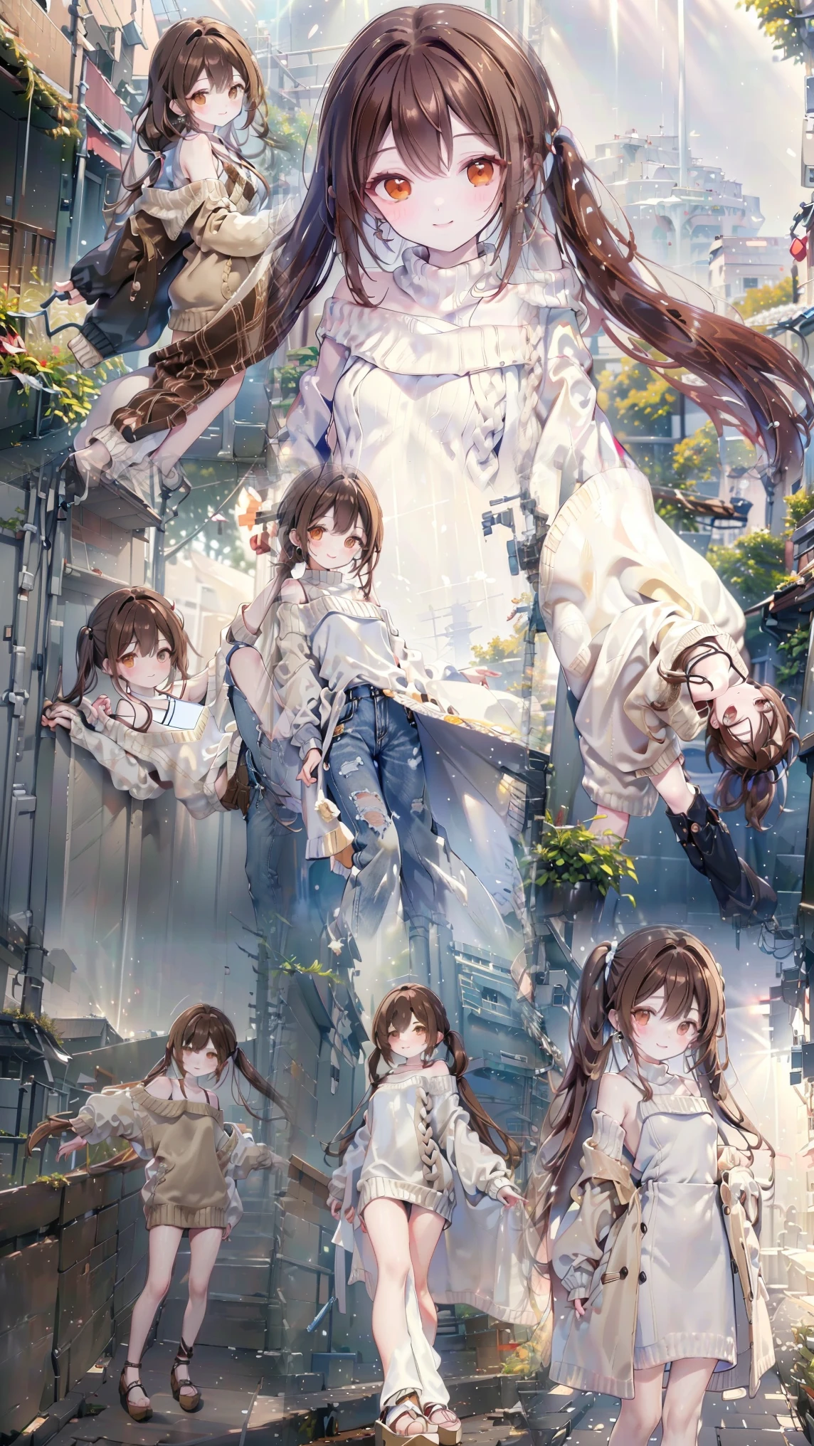 (One person, slim,small breasts,bangs, long mocha brown hair,Slope_eye),BREAK,(date me at street,happy with me),BREAK,Conceptual Art, masterpiece, Super Detail, Attention to detail, high quality, 最high quality, High resolutionHigh Resolution, Long Hair, 1girl, Smile, Twintails, Very Long Hair, Anatomically Correct, High Details, Earrings, Light Blush, tall, full body, model, dark brown hair, one shoulder sweater, knitted red sweater dress, very tall, pale skin, from Below, God Rays, slight cleavge, high-waist jeans,High Resolution, Long Hair, Smile, Best Quality, Masterpiece, High Details, Detail, High Details, good eyes, looking at camera, happy, brown eyes