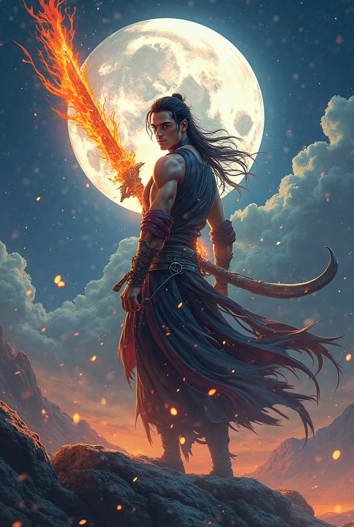 Background of fire surrounding mountains and red sky with a giant blood moon Front Young white man in his 20s Muscular defined face without beard Bright red eyes Long straight black hair flying in the wind White leather pants No shirt Black steel boots that extend to the knee Holding Black steel sword with handle wrapped in white tape Black steel bracer Large black marks all over the body
