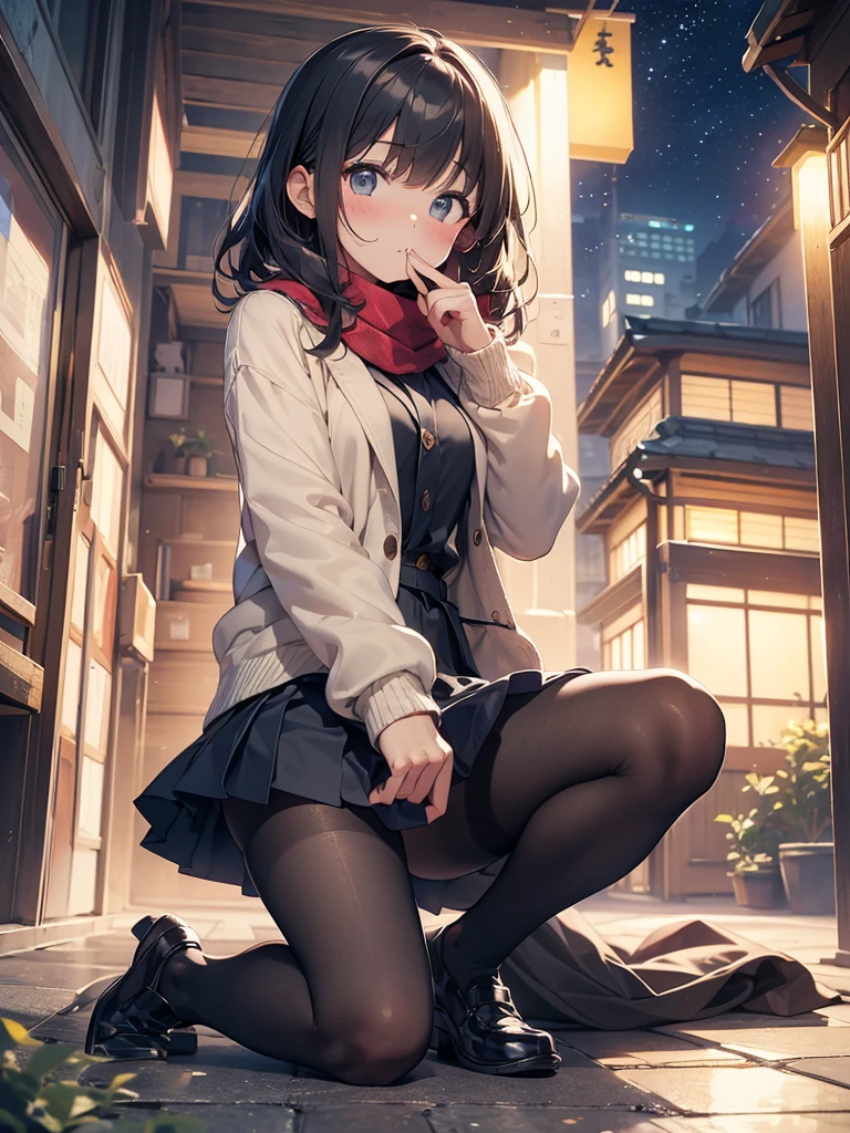 Top quality, masterpiece, High resolution, (Head to toe full body), front, frontやや下からの構図, Symmetric, Tall 18 year old girl, alone, (Head to toe), (Small breasts), Unkempt brown hair, bangs, (black tights), (Black Pantyhose), (Sit with your legs apart), (Crouching pose), (A composition showing white panties), (Her legs were spread、I see your white pants.), (I was made to sit on the floor with my legs spread..), (M-shaped legs), Thin legs, A very beautiful and tall 18 year old girl, (No shoes), blush, Shy big eyes, looking at the camera, Blazer Uniform, Checkered Pleated Skirt，((Highest quality)), (Very detailed), (High-definition CG synthesis 8K wallpaper), 高いly detailed, 高い-definition raw color photos, Professional photography, (((Bokeh))), Written boundary depth,