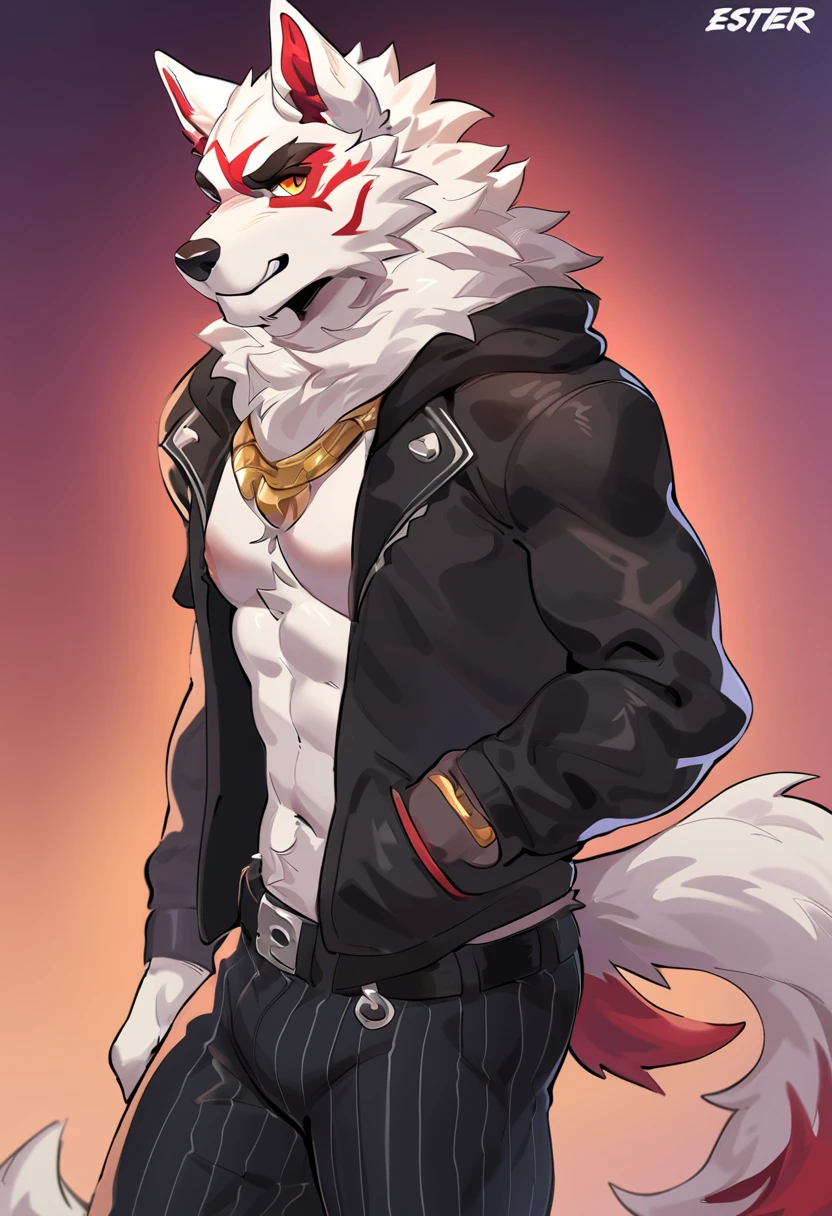 4K, high resolution, Best quality, Masterpiece, perfect colors, perfectly shaded, Perfect lighting, posted on e621, (by Chunie), Furry, anthro, Furry art, ((Portrait)), Male wolf, gray wolf, (two-toned fur), hairy bodies, Blue eyes, (Seductive look:1.2), fit body, perfect male figure, Wear men's shorts,Abs,musculature,Detailed fur, Detailed face, Perfect face, (The stands up), Detailed background, ((Bonifasko lighting)), Wolf tail, (Detailed eyes), perfect pupils