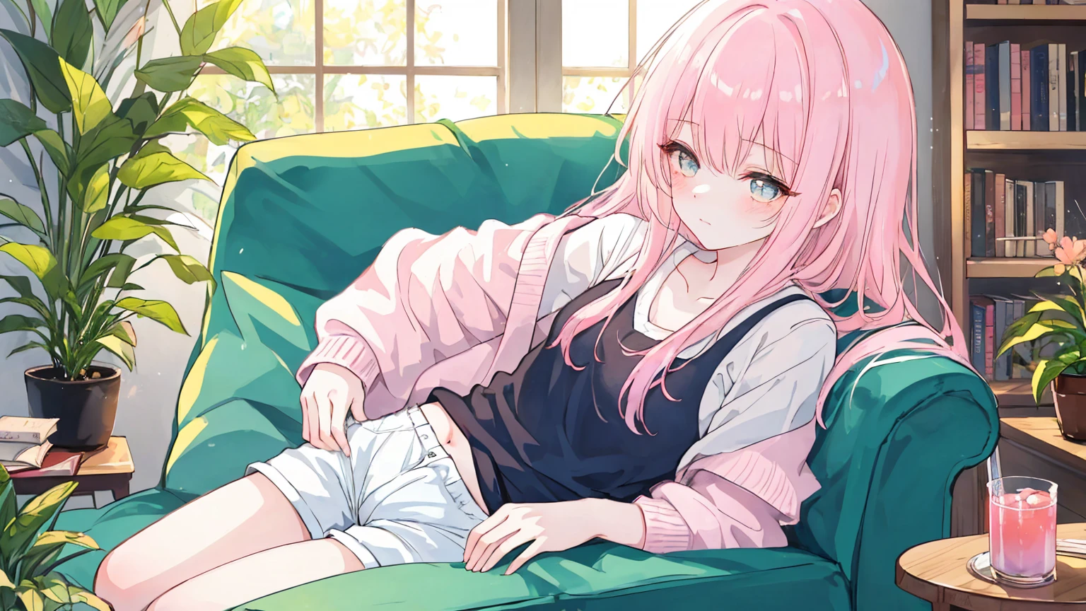 Beautiful illustrations, Highest quality、(Cute petite:1.5)、Flat Chest、Flat Body、(Pink long sleeve sweater:1.2)、(Brown checkered shorts:1.4)、(Wide opening checkered shorts:1.2)、Autumn Clothes、Gap between thigh and shorts、Wash your thighs、White socks、Beautiful Blue Eyes, Cinema Lighting, (Long pink hair)、(Pink Straight Hair)、(Embarrassing:1.2)、(Redness on the cheeks)、(Braiding of the back of the head)、