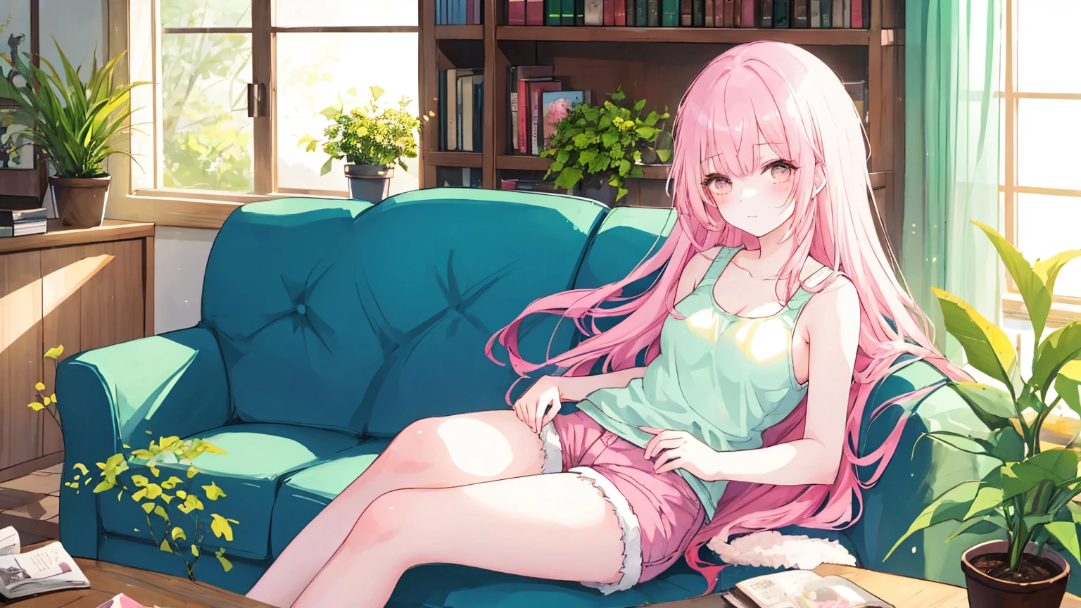 [(whitebackground:1.5)::5],(isometric:1.3),(Masterpiece,Best Quality:1.2),(hight resolution:1.1),(Outstanding picture quality),(master study),facing viewer,Dynamic Angle,skye,Cloud,
living room, couch, Window, Curtains, dappled sunlight, potted plant, a table, the cupboard,bookshelf, paper, table lamp, typewriter, garden,
(1loli,Solo Focus:1.2),Cute,ornament,(Jewelry:0.75),(blusher:0.9),(strap:0.9),bare footed,
ahoge,(disheveled hair,Long hair,Ruby hair,The inner hair is blue,Shiny hair,sparkly skin:1.1),