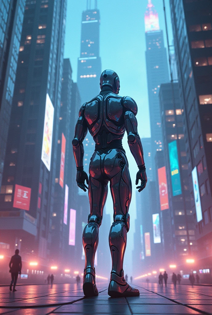 A realistic image of a futuristic city inspired by the movie "Blade Runner", with a andoroid ((beautiful cyber man)) standing on the terrace of a skyscraper overlooking the city. It is raining and the scene has a 16:9 aspect ratio (please include the terrace roof)), seen from three-quarter behind