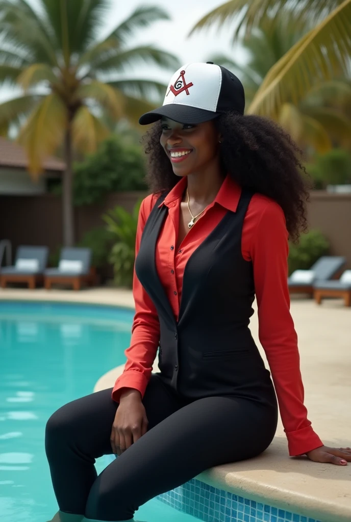 very huge breasts, dark skin, yellow hair, ponytail hair, Happy smile, realistic and detailed hands, realistic and detailed face, realistic and detailed tooth, realistic and detailed foots, realistic and detailed face, full body image, red t-shirt, black jeans shorts, boots, aviator sunglasses, park, sitting on a bench.
