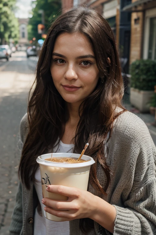 Starbucks picture prompt: Aisha, a 24-year-old girl with a radiant smile and gentle brown eyes, is seen sipping her favorite coffee from a glass at the cozy coffee bar. Her name is written elegantly on the label of the cup, adding a personal touch to the casual yet relaxing atmosphere. With her sleek, wavy brown hair cascading down her shoulders, she sits comfortably on a plush couch in the modern interior, surrounded by warm natural lighting that permeates the room. The stylish barista behind the counter prepares another beverage with precision and care, contributing to the welcoming and inviting ambiance of the coffee shop. The comfortable seating area