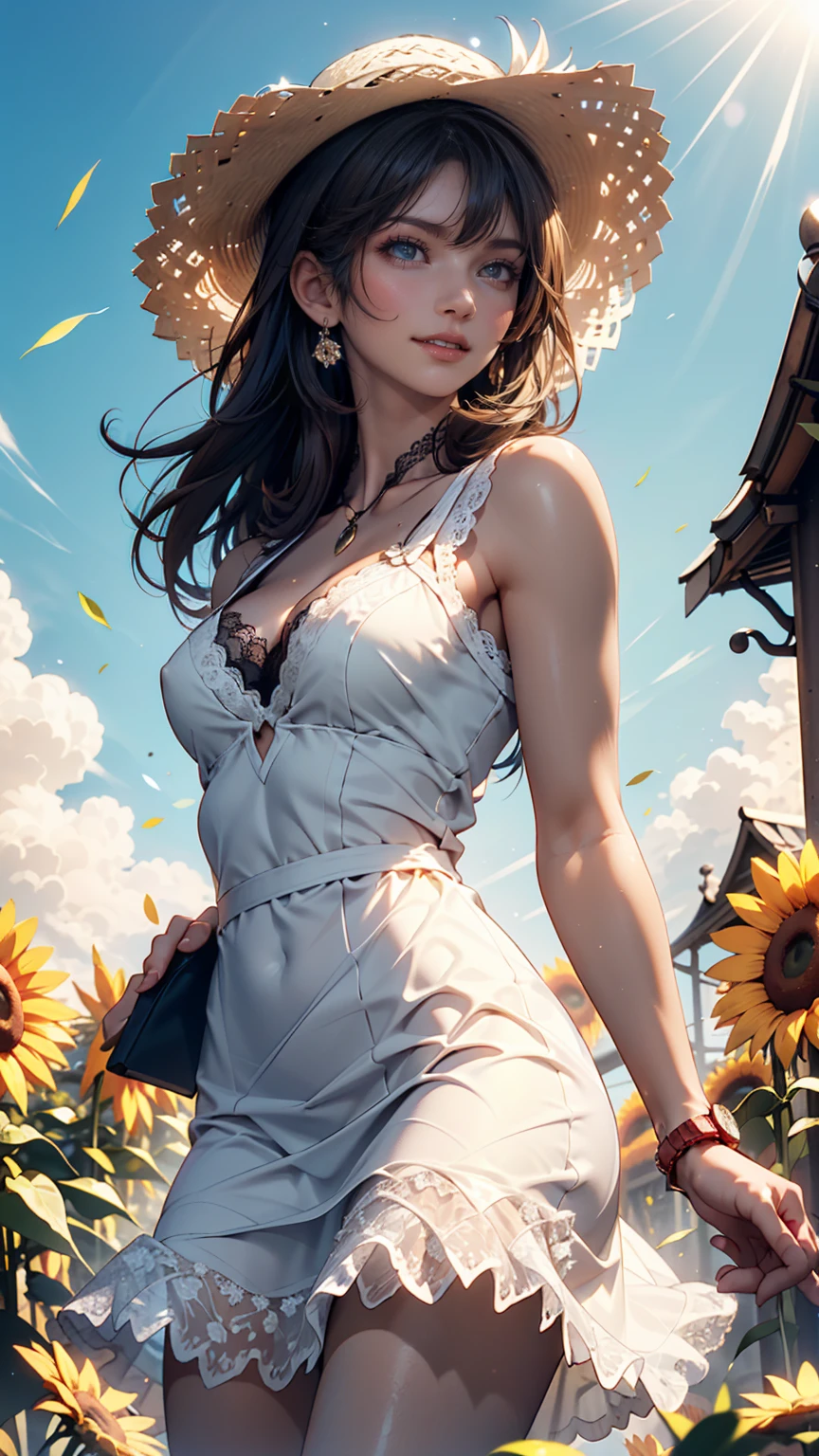 Fuwa Aika,One girl,alone, (White lace dress:1.2),loose fitting dress (sun visor hat:1.2), Sunflower field, Under the sunlight, A light smile,View your viewers, Wind, dynamic, Strong light and shadow,dynamic pose,Nipple swelling emphasis