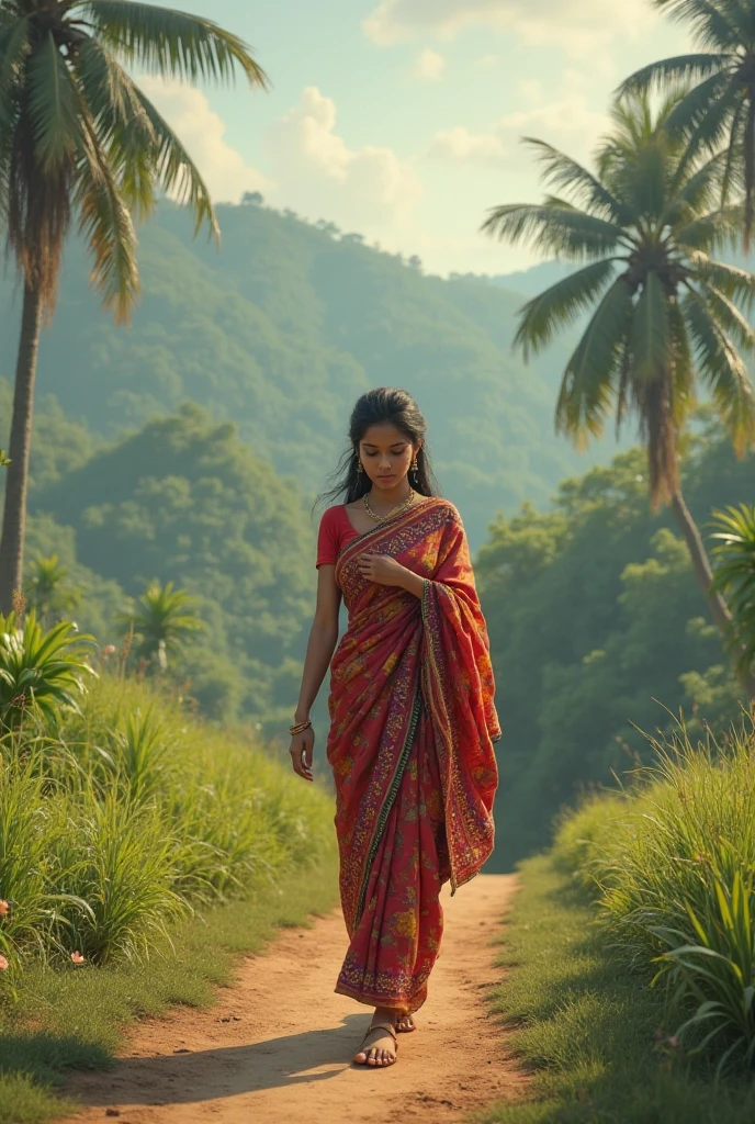 "Create a high-quality image featuring a realistic depiction of a girl wearing a pink saree draped in the Nivi style. Focus on intricate details, particularly the pleats tucked at the center of the waist, emphasizing the slimming effect. Pay special attention to crafting the girl's eyes and face, ensuring a lifelike appearance. Set the scene against a beautiful fountain background, adding a touch of elegance and serenity to the composition. Your goal is to capture the essence of the Nivi saree draping style, conveying a sense of grace and charm in this magical moment."